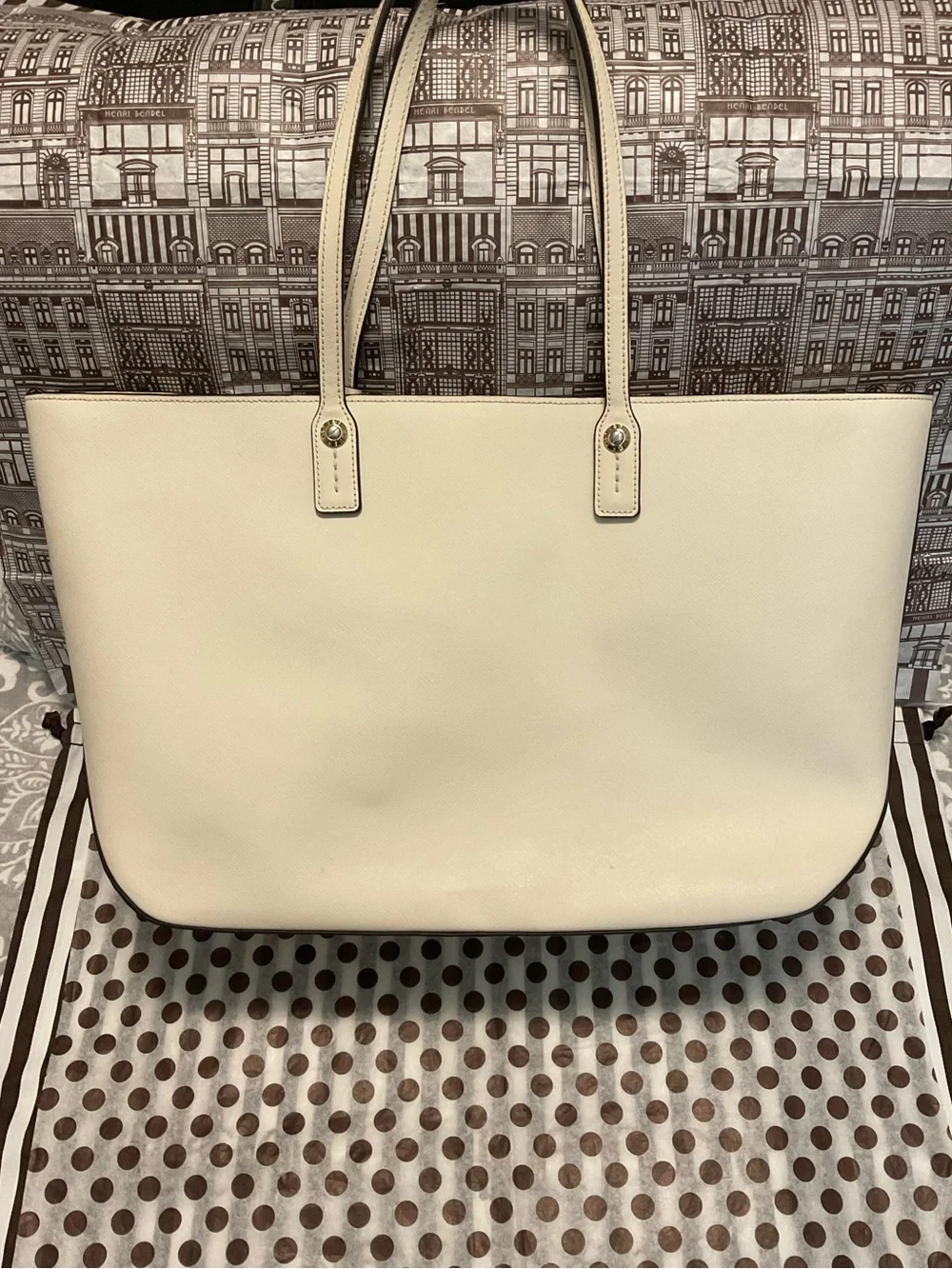 Cream Henri Bendel Zippered Tote with Gold-tone Hardware